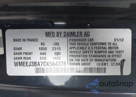 2012 Smart Fortwo Passion z USA, uszkodzony, nr VIN WMEEJ3BA7CK564376